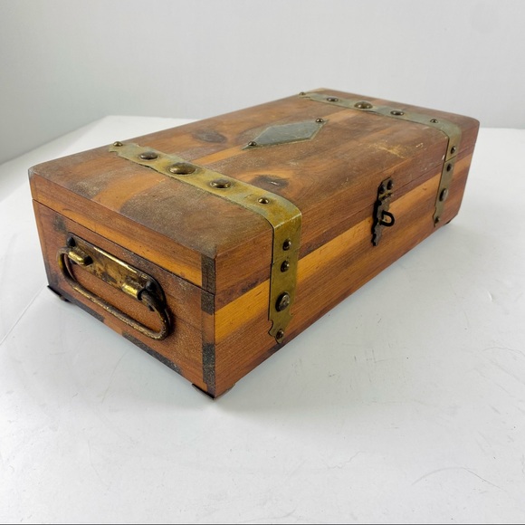 Unique Vintage Wooden Handle Trinket Box with Mirror